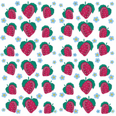 seamless pattern with strawberries red strawberries with green leaves,blooming strawberry flowers,juice packaging,jam packaging,flyer,business card,textile printing