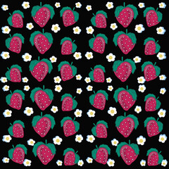 seamless pattern with flowers red strawberries with green leaves,blooming strawberry flowers,juice packaging,jam packaging,flyer,business card,textile printing