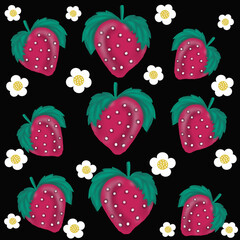 red strawberries with green leaves,blooming strawberry flowers,juice packaging,jam packaging,flyer,business card,textile printing 