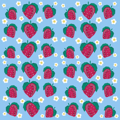 seamless pattern with strawberries red strawberries with green leaves,blooming strawberry flowers,juice packaging,jam packaging,flyer,business card,textile printing