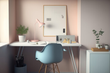 Pastel color tone minimal cozy home work space for work at home interior decoration inspire background. Graphic design illustration generative ai.