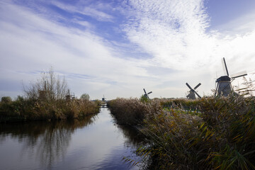 iconic windmills in Kinderdijk Netherlands next to canal waterway flood management. Landmark buildings originally made to pump water out of low land polder to preserve land reclaimed from the sea