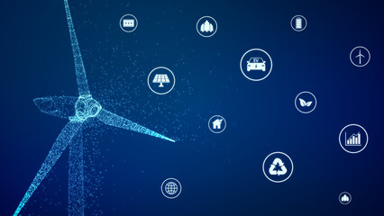 Wind turbine eco power technology concept with particle line art, renewable energy generate from green alternative electric source, Innovative windmill background 3D illustration © ZETHA_WORK