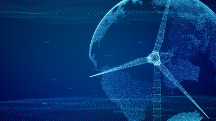 Wind turbine eco power technology concept with earth particle, global renewable energy generate from green alternative electric source, Innovative windmill background 3D illustration © ZETHA_WORK