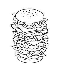 Huge multi-storey biggest burger. Veggie burger. Fast food. Line icon. Editable outline stroke. Vector infographic illustration.