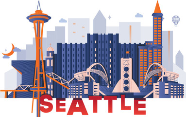 Seattle culture travel set, American famous architectures, USA in flat design. Business travel and tourism concept clipart. Image for presentation, banner, website, advert, flyer, roadmap, icons