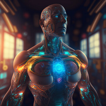 Illustration 3d homme robot du futur avec une intelligence artificielle, des composants &eacute;lectroniques dans le corps. AI generated