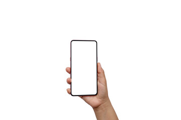 The hand is holding the white screen, the mobile phone is isolated on a white background with the...