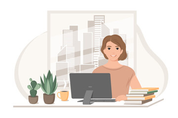 Fototapeta na wymiar Woman is working online. Online meeting, video conference, working from home, online training Сoncept. Vector illustration