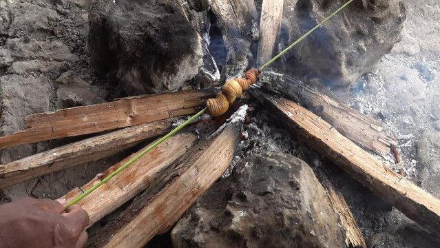 Warao man cooking worms on a fire. Orinoco, Venezuela.