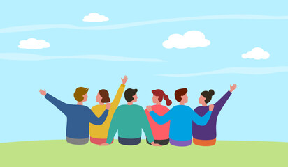 Happy group of friends sitting on the hill in flat design.