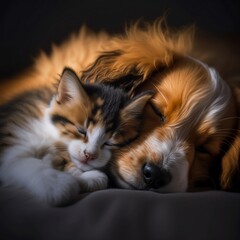 Naklejka premium cat and dog sleeping together