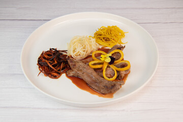 Recipe for duck aiguillettes with three-coloured turnips and orange caramel port sauce, High quality photo