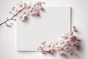 simple elegant frame of sakura cherry blossom flowers on a white background, invitation card template, Generative AI