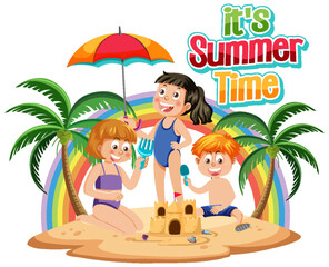 Obraz na płótnie Canvas Its summer time text with kids on the beach