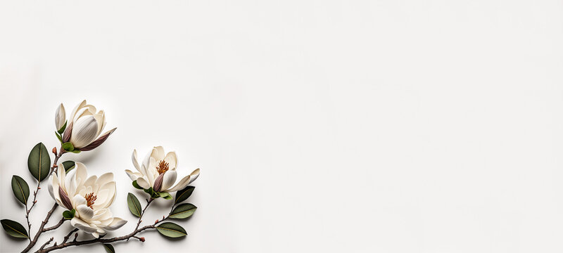simple elegant banner of magnolia flowers on a white background, invitation card template, Generative AI
