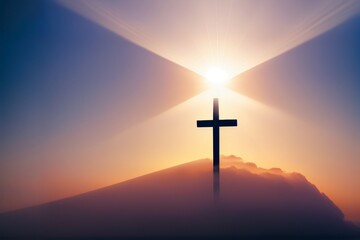 Cross  in the sky, rays of sunlight, deep fog. Symbol of Christianity. Generative AI