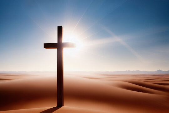 Wooden cross stands in the desert, rays of sunlight. Generative AI
