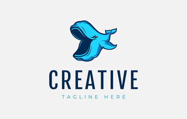Cute Blue Whale Mascot Logo Design. Wild Blue Whale Vector Illustration.