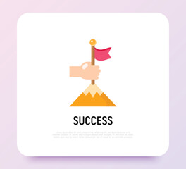 Success flat icon: human hand puts flag in mountain top. Leadership, winning, goal achievement. Modern vector illustration.