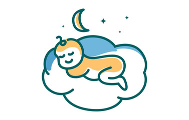 Baby Sleeping Logo Design. Baby Resting On a Cloud Bed Line Art Vector Illustration.