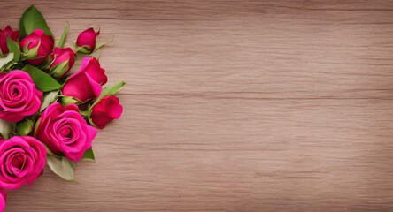 Fototapeta na wymiar Pink roses flowers on rustic wooden table for greeting on Mother or Woman Day. Saint Valentines Day. Generative AI illustrations.