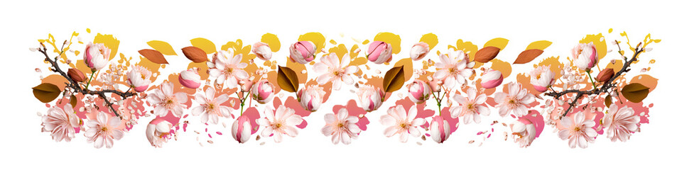 collage of blooming flowers, petals, leaves and almond nuts from the almond tree, generative ai background with painting strokes in yellow and pink 