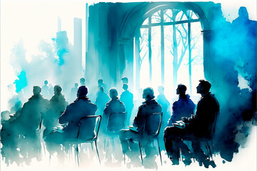 silhouettes of people sitting and listening, seminar concept in a watercolour light blue palette, generative ai background 