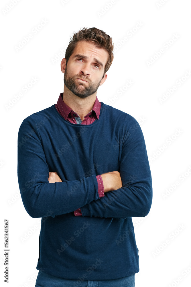 Poster sad, question and thinking businessman with choice, option or decision for career problem in studio.
