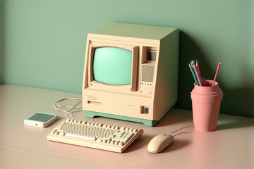 A vintage computer, pastel color on wooden desk. 3D render. Generative AI illustrations.