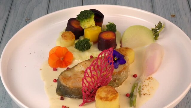 Recipe of cod steak, mashed potatoes and its farandole of vegetables, parsnip, turnip, broccoli, candied potato. High quality video