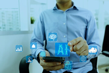 Businessman holding smartphone and touching artificial intelligence (AI) to manage business processes through various icons, artificial intelligence concept.