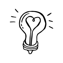 Sparkling light bulb icon on a white background. heart shaped incandescent spiral. Isolated object. Icon, Symbol. Baby doodle style. Hand made black sketch
