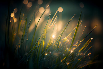 closeup realistic digital art morning grass , bokeh background. wallpaper graphic design.