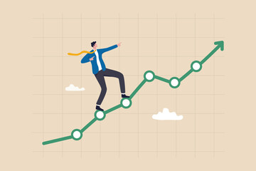 Profit growth, economic uptrend or growing investment, improvement or growth chart, financial forecast or prediction concept, confidence businessman pointing up with rising financial chart and graph.