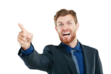 Portrait, angry and businessman pointing in studio, frustrated and shouting on white background. Stress, threat and hand sign or warning, conflict or bullying, direction and aggression while isolated