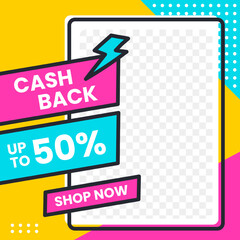 Obraz premium Social media post template in retro design style. Feed template with cashback text.