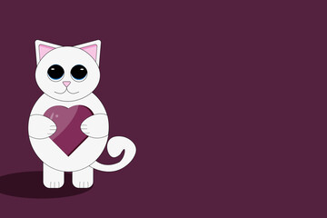 Big horizontal valentines day banner with cartoon cat with big eyes and heart in the hands on viva magenta background with copy space. Valentine concept with white kitty. Website poster. 