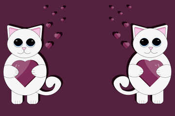 Big horizontal valentines day banner with cartoon cat with big eyes and heart in the hands on viva magenta background with copy space. Valentine concept with white kitty in cut out paper style.