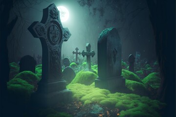Obraz premium Scary graveyard with several tombstones covered with vivid green moss and vines, meanwhile mystical glowing fog fills the air, in the full moon