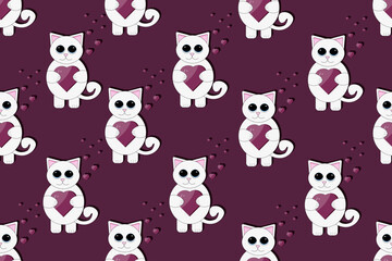 Seamless pattern with cartoon white kitty with viva magenta heart in the hands in cut out paper style. Big horizontal website valentine day banner with cat.