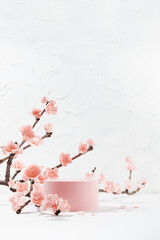 Fresh pink sakura flowers on branch with cylinder podium mockup in soft light, white interior on table in floral spring style for presentation cosmetic products, goods, branding, copy space, vertical.