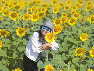 Asian tourist woman standing in yellow sunflowers farm.