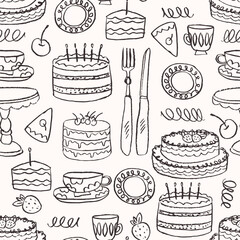 Doodle style bakery seamless pattern. Layered cake with fork and cup. 