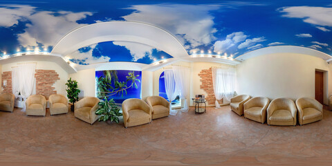 360 panorama in stylish guest hall or restroom in hotel with sofa in equirectangular spherical...