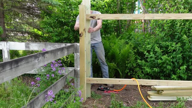 Young adult man working on wooden fence in his backyard, static view