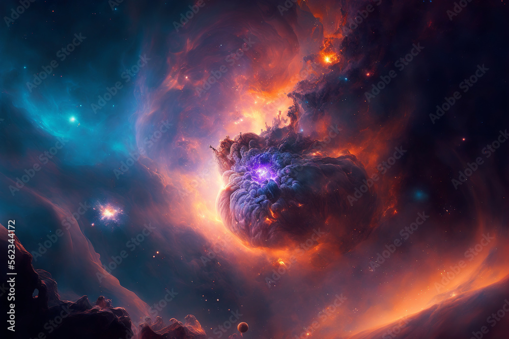 Poster Large view of a colorful dark nebula in space. Cosmic background with bright shining stars, galaxies and deep universe. Generative ai