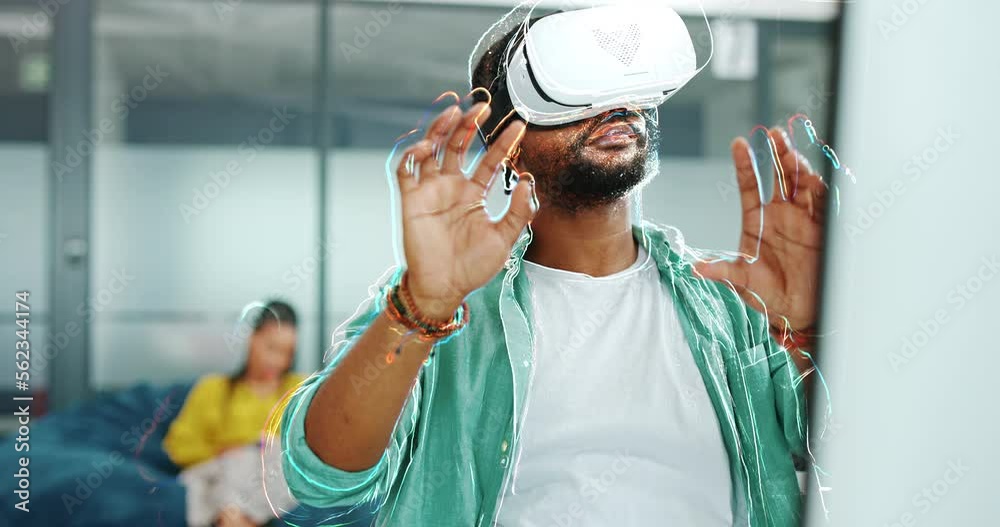 Poster virtual reality metaverse, augmented reality vr and black man work on cyber dashboard, digital trans