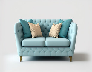 Modern fashionable stylish light blue sofa with pillows, with legs on isolated white background. Generative AI illustration.
