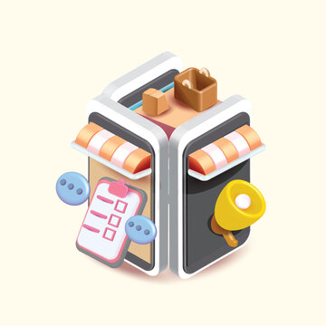 shopping on phone and megaphone 3d vector isometric 
